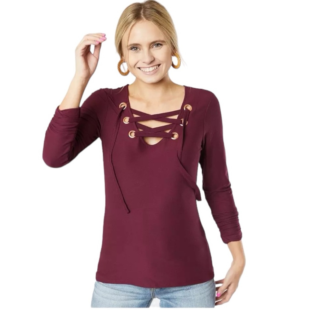 DAYTRIP Fitted Long Sleeve Lace-Up Neckline Top MEDIUM Burgundy Red EUC!